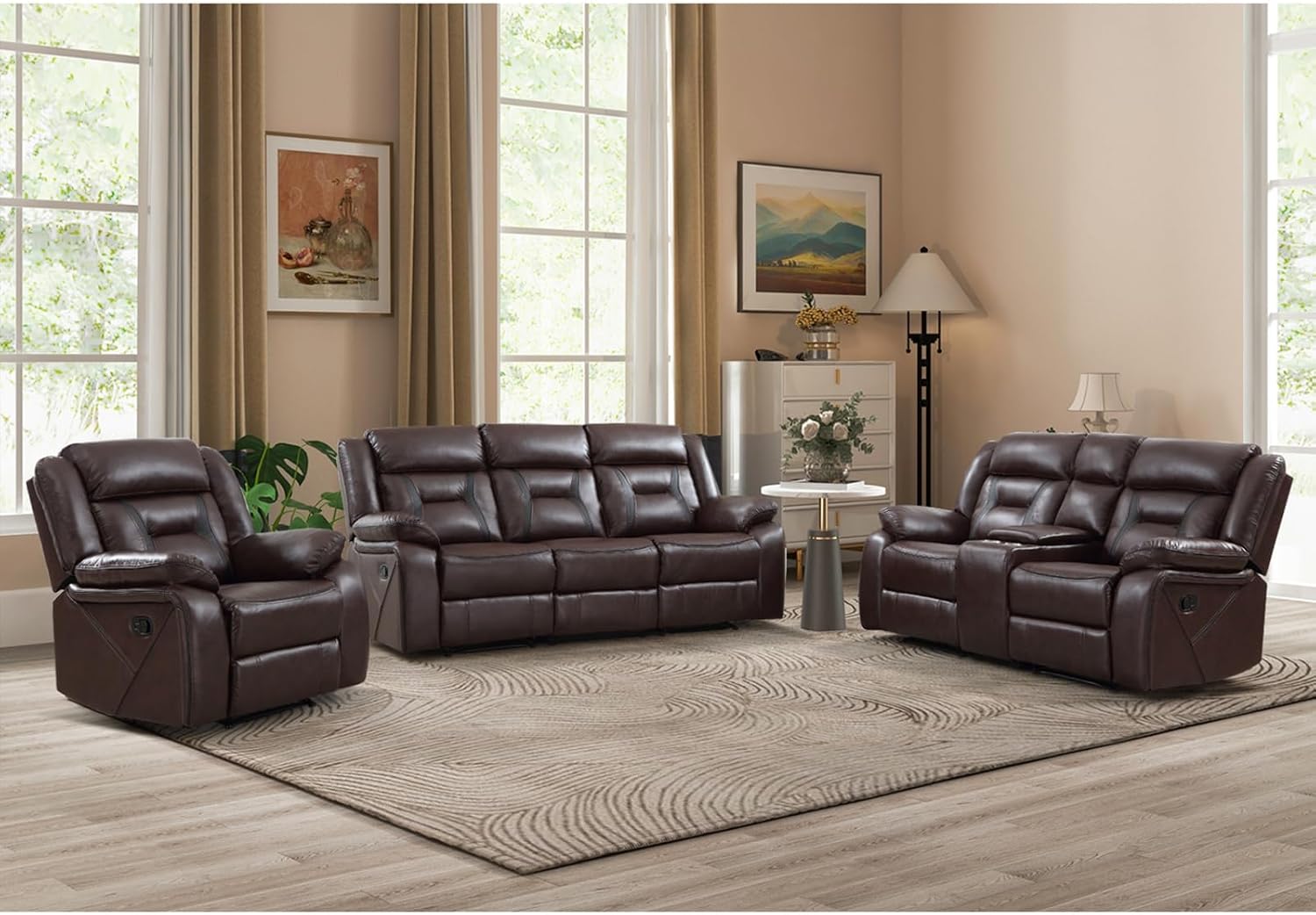 An EBELLO brown faux leather reclining set furnishing a living room