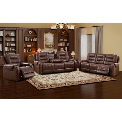EBELLO brown vintage rivet faux leather set with a recliner chair and two 3-seat couches