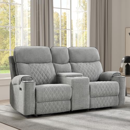 EBELLO grey fabric power reclining loveseat with USB-C charging and storage console