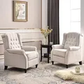EBELLO pair of beige fabric pushback recliner chairs with rivet trim