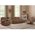 EBELLO brown faux leather recliner sofa set with two chairs and a three-seat sofa