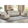 EBELLO beige fabric and faux leather reclining sofa set with two recliners and a three-seater